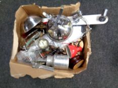 A box of kitchen scales, compressor sprayer,