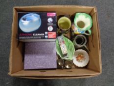 A box containing miscellaneous to include a Samford ware hand painted Art Deco jug, plated wares,