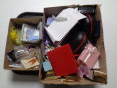 A tray containing costume jewellery, 9ct gold earrings,