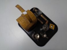 A tray containing 20th century railway lamp, pair of antique brass coach lamps, AA badge,