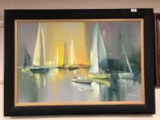 Wilfred Lang (Dutch, born 1954), Sailing ships at sunset, oil on canvas, 87cm by 55cm,