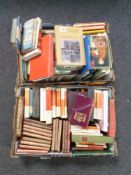 Two boxes containing hardback and paperback books, Thomas Hardy, English Cathedrals, music,