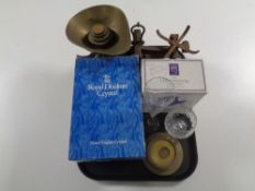 A tray containing vintage kitchen scales with weights,