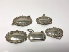 Two pairs of silver Whisky and Sherry decanter labels,