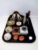 A tray containing miscellaneous to include Maasai figures, contemporary cricket bookends,