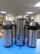 A Buffalo hot water urn together with two pump pots