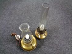 A brass Veritas oil lamp with glass chimney (converted) together with a further brass Aladdin oil