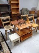 An antique kitchen chair together with two further folding kitchen chairs, a three tier trolley,