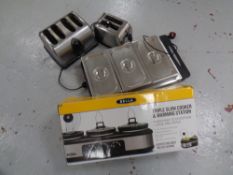 A boxed Bella Triple slow cooker warming station together with a three pot Bain Marie and two