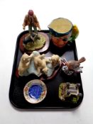 A tray containing Maling Peony Rose bowl, Lilliput Lane ornament, Britain's Heritage, character jug,