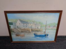 A contemporary oil on canvas depicting boats in a harbour