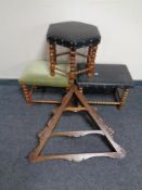A triangular wall shelf together with three footstools on beech legs