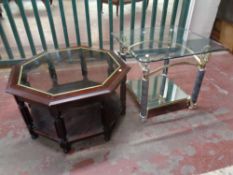 A contemporary glass topped coffee table with mirrored undershelf together with a further octagonal