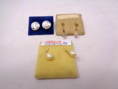 Two pairs of 9ct gold earrings, pair of silver earrings.