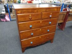 A 19th century inlaid mahogany five drawer chest with porcelain handles (as found)