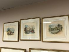 After Ronald Moore : Holy Island, Seahouses and Warkworth Castle, three colour prints,