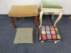 An antique painted dressing table stool on cabriole legs together with a further dressing table