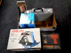 A box of assorted power tools : reciprocating saw, Black & Decker proline hand saw,