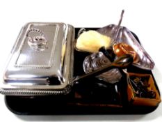 A tray of antique and later plated wares to include pair of entree dishes with lids,