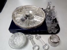 A tray of antique and later glass ware - scent bottles, glasses, hors d'oeuvres dish,