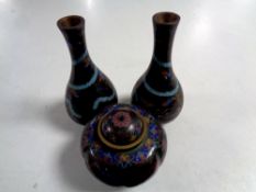 A pair of cloisonne dragon patterned vases, height 13cm,