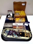 A tray of wooden trinket box and enamelled tray of costume jewellery, beaded necklace,