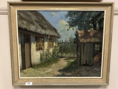 Continental school : A thatched cottage in summer, oil on canvas,