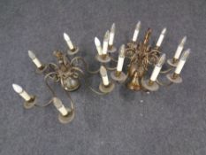 A continental brass eight brass chandelier and a further chandelier