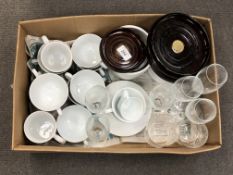 Three mahogany wine coasters, Nespresso coffee china, Moet & CFhandon Champagne flutes,