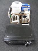 A Russell Hobbs microwave, two boxes of kitchen electricals to include Russell Hobbs fryer, kettles,
