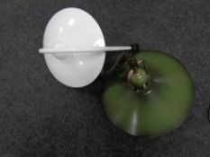A 1970s metal pendant light fitting (green) together with a further white metal standard lamp head