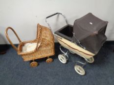 A mid 20th century doll's pram and a wicker doll's pram