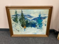 Continental school : Figures skiing down a hill, oil on canvas,