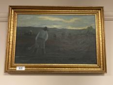Continental school : Figures on farmland, oil on canvas,