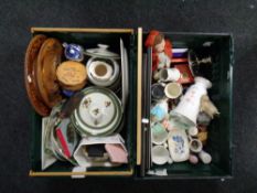 Two boxes of miscellania : ceramics, framed picture, tapestry, vintage doll,