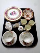 A tray containing pair of Royal Crown Derby floral patterned cups and saucers, Masons shallow dish,