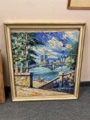 Continental school : A view across a river with bridges beyond, oil on canvas,