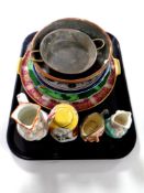 A tray containing two antique shallow copper dishes, Bavarian cake plate,