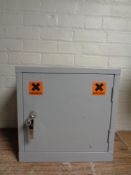 A wall mounted metal cabinet with key