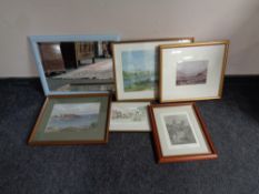 Five assorted watercolours, signed prints and etchings to include Durham Cathedral,