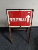 A 20th century metal pedestrian sign in metal A-frame