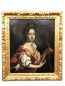 19th Century English School : Portrait of a Young Lady Wearing a White Dress with Red Sash Holding