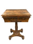 A William IV rosewood teapoy, the quatroform base with carved quilling decoration, height 74 cm,
