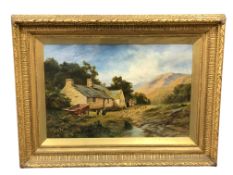 Robert Gallon (1845-1925) : Figures with Haycart and Hens by a Country Dwelling with Hills Beyond,