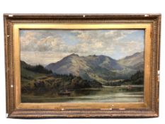 F Thompson : A Sailing Boat on a Calm Lake with Mountains Beyond, oil on canvas, signed, dated 1876,