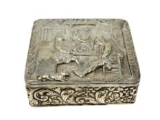 An Edwardian silver box, George Nathan & Ridley Hayes, Chester 1902, embossed with a tavern scene,