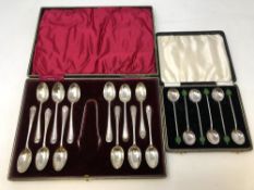 A cased set of twelve silver teaspoons and tongs,