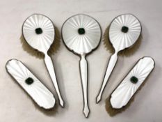 A five piece silver and marcasite jade-set dressing table set