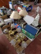 A pallet containing five boxes containing assorted glassware, ceramics, collector's plates,