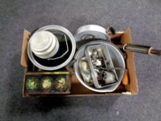 A box containing antique and later kitchenalia to include thermometer, meat grinder,